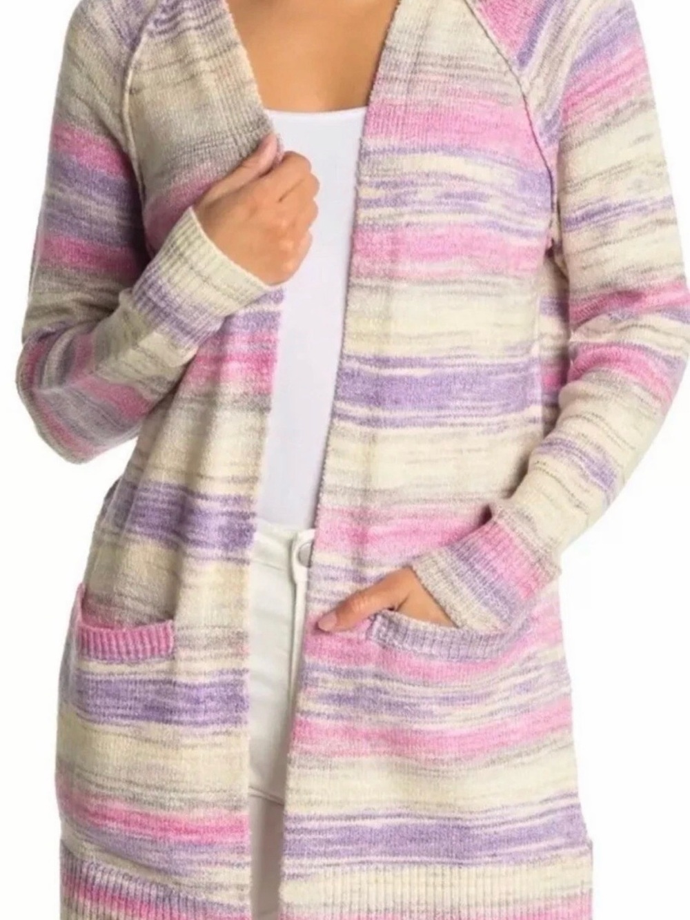 Lucky Brand Large Striped Open-Front Pastel Cardigan Sweater - Pink & Lavender
